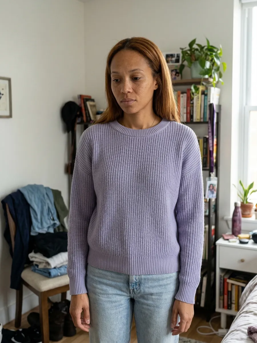 A Warm Autumn woman styled in cool clothing that washes her out.