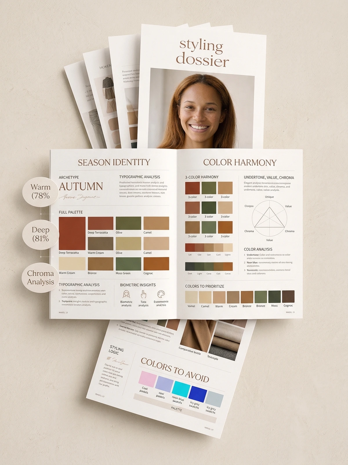 auraDNA dossier preview showing season identity, color harmony, and custom palette pages