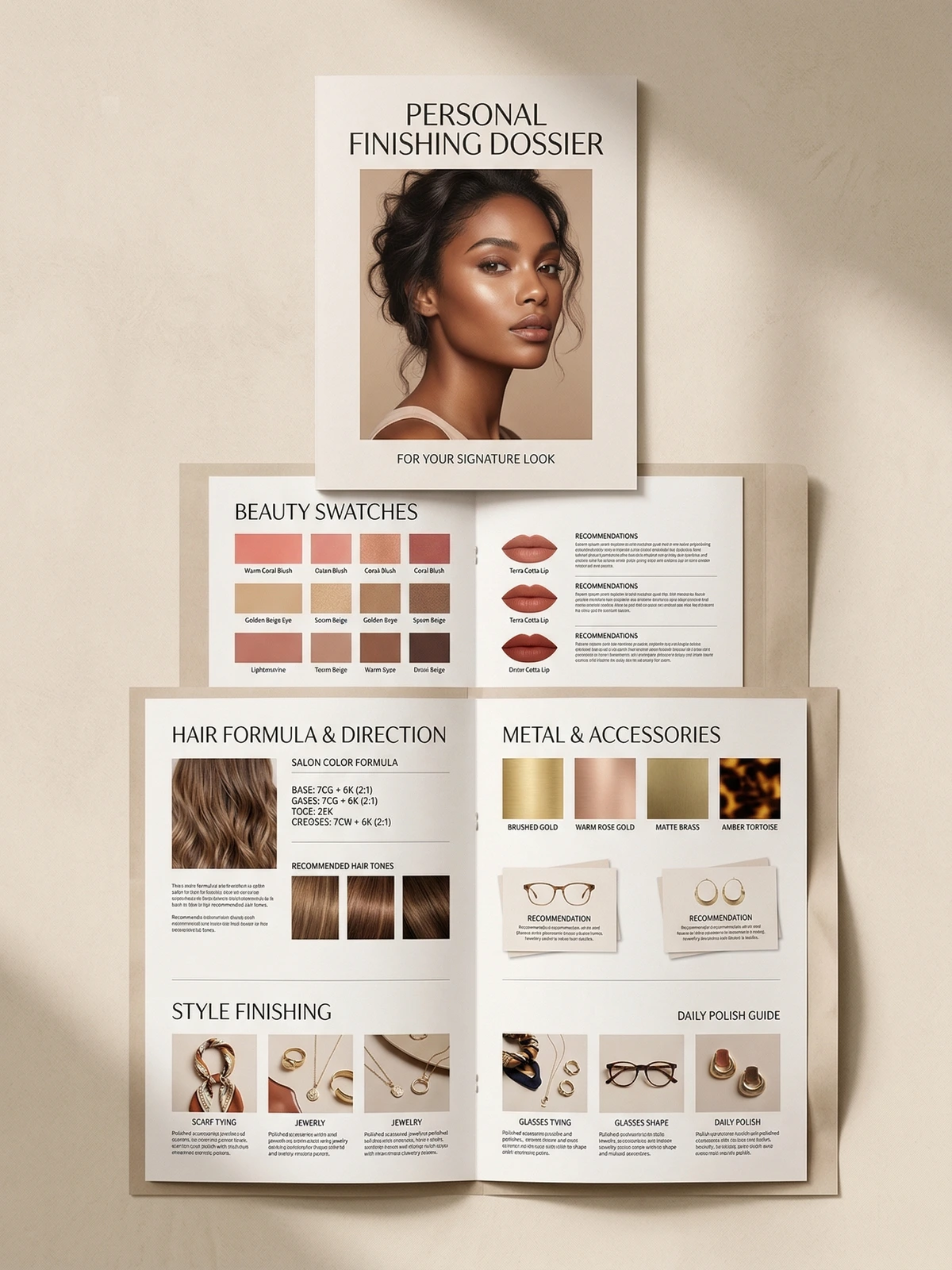 auraDNA dossier preview showing beauty swatches, hair formulas, and finishing-style guidance