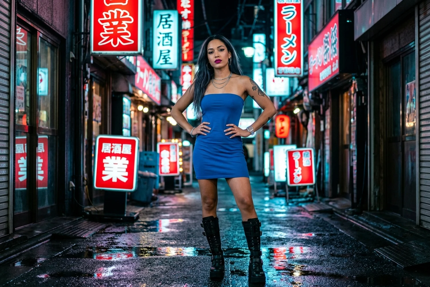 Stylish woman standing in a neon-lit Japanese alley at night