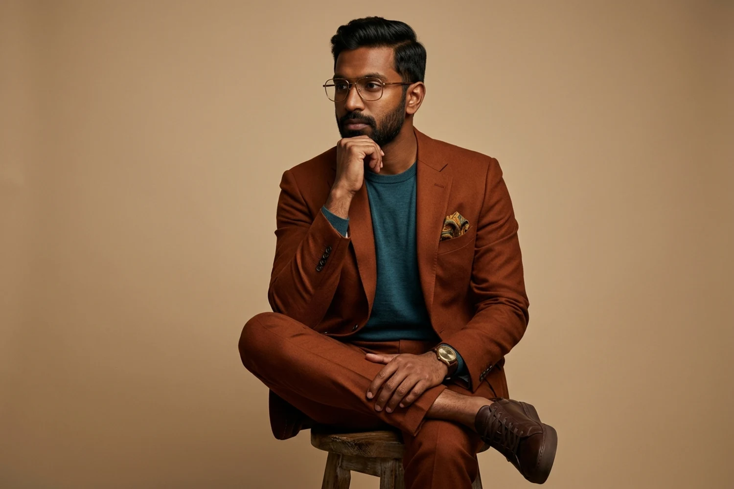 Pensive man seated on a stool in a dramatic studio portrait